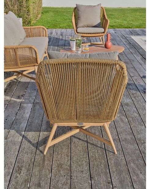 Salón de jardín bajo PALMAS de 5 plazas en aluminio, teca y cuerda tejida marrón y gris