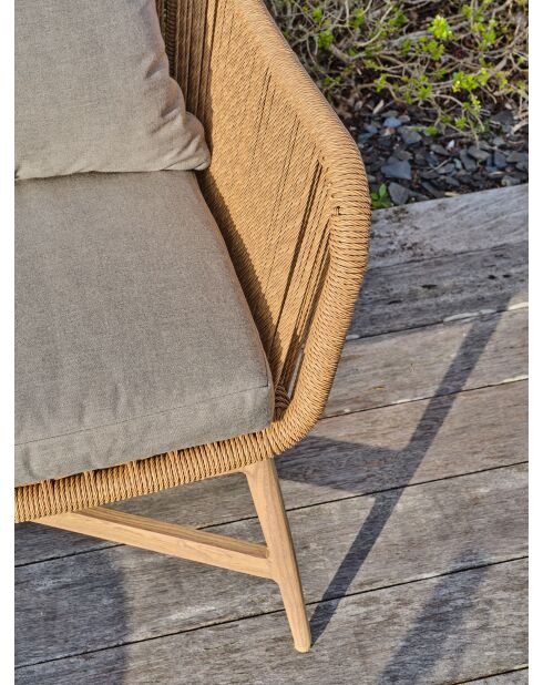 Salón de jardín bajo PALMAS de 5 plazas en aluminio, teca y cuerda tejida marrón y gris