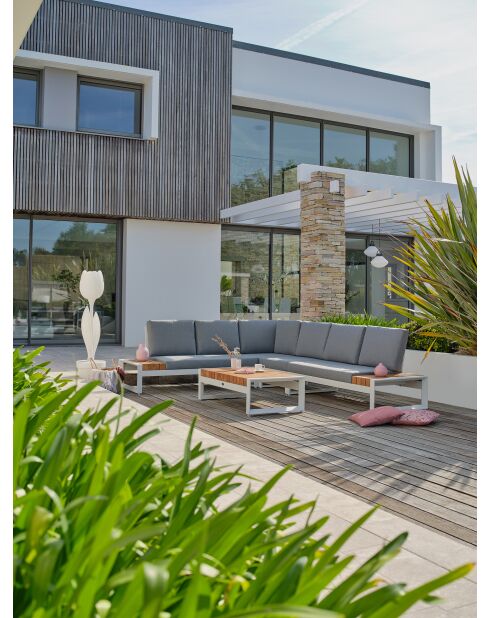 Mueble de jardín esquinero VALENCIA de 6 plazas en teca y aluminio blanco y gris