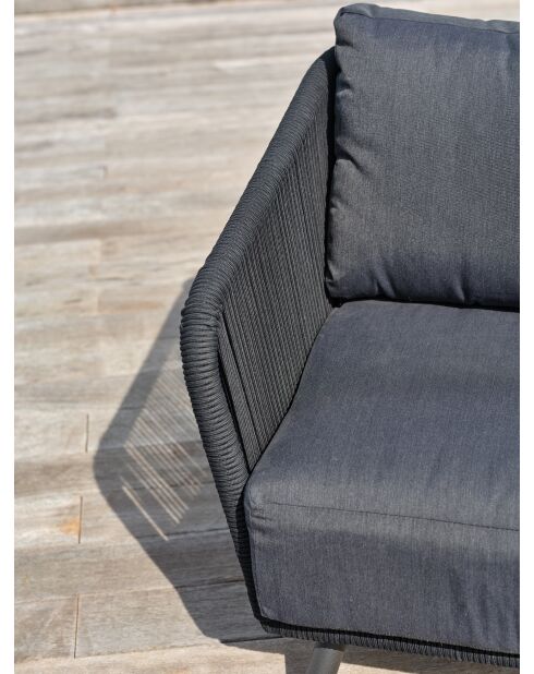 Salón de jardín bajo BIARRITZ de 5 plazas en aluminio y cuerda tejida negra y gris antracita