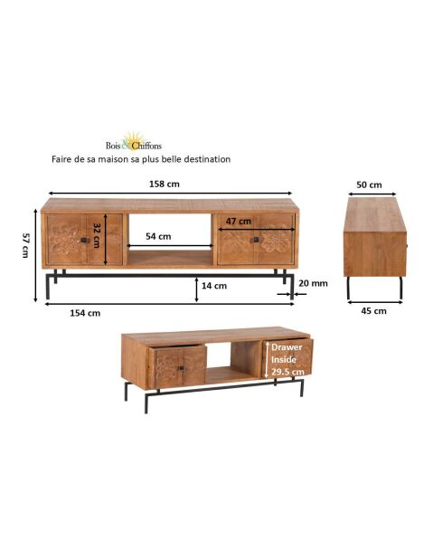 Tv-meubel 2 laden, 1 plank Manguier Sculture II beige - 158x50x57 cm