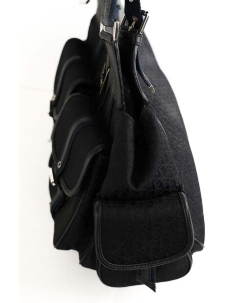 Schwarze Schultertasche aus Leder und Stoff - 35x13x18 cm - Sehr guter Zustand