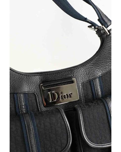 Schwarze Schultertasche aus Leder und Stoff - 35x13x18 cm - Sehr guter Zustand