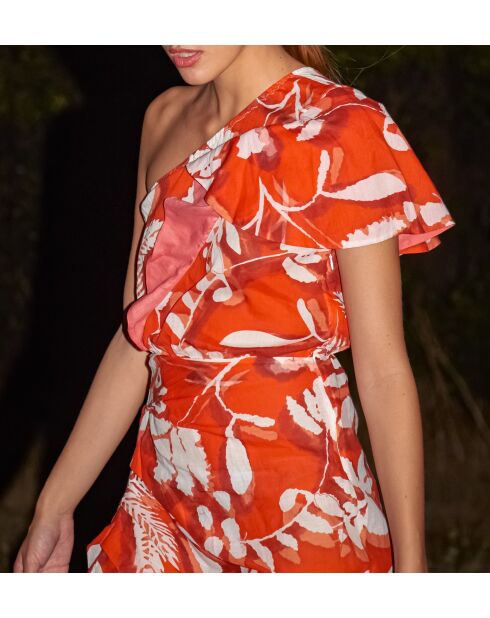 Vestido Galiene con llamativo estampado tropical naranja