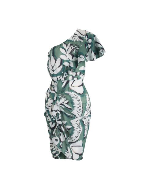Galiene aquagrünes Kleid mit tropischem Aufdruck