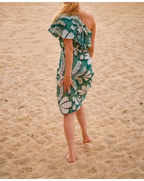 Galiene aquagrünes Kleid mit tropischem Aufdruck
