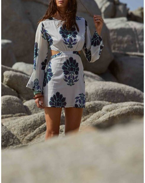 Vestido corto Molly con flores indias, combinación azul Maravoile