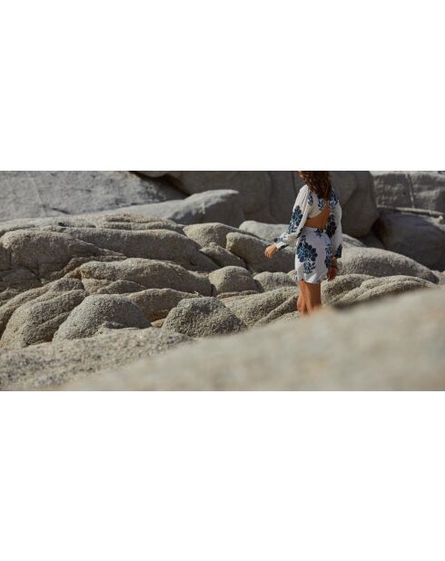 Vestido corto Molly con flores indias, combinación azul Maravoile