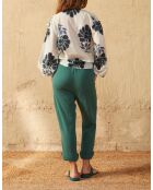 Romantica blouse met Indiase bloemenprint in maravoile-blauwe combinatie