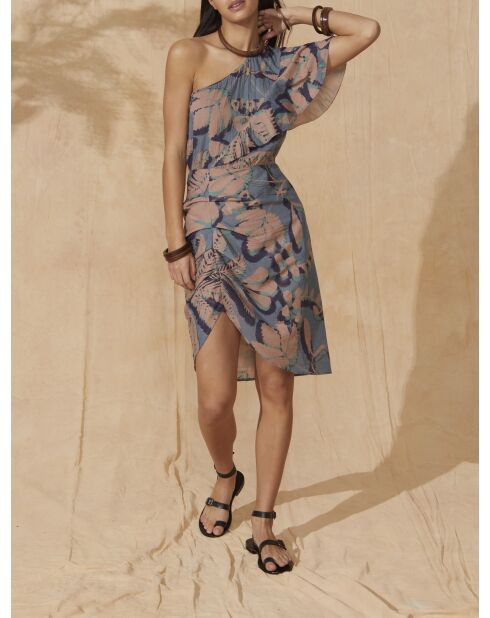 Vestido Galiene con estampado tropical azul empolvado