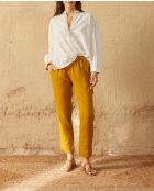 Goudkleurige blouse met Matriochka-patroon in maravoile-witte combinatie