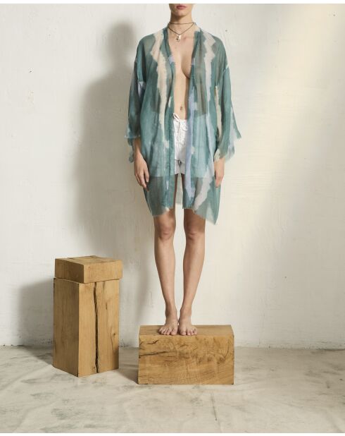 Kimono Rachel mi-long tie and dye en pashmina lagon green