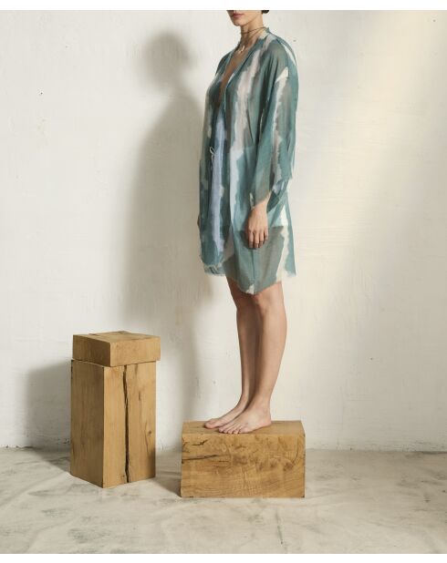 Kimono Rachel mi-long tie and dye en pashmina lagon green