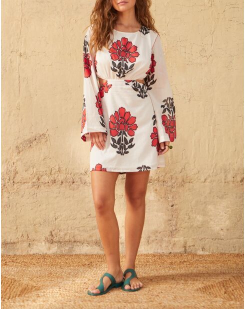 Vestido corto Molly con estampado floral indio Maravoile en combinación de arcilla roja