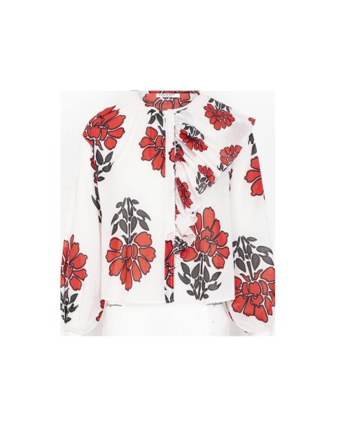 Romantica blouse met Indiase bloemenprint in combinatie van maravoile en rode klei