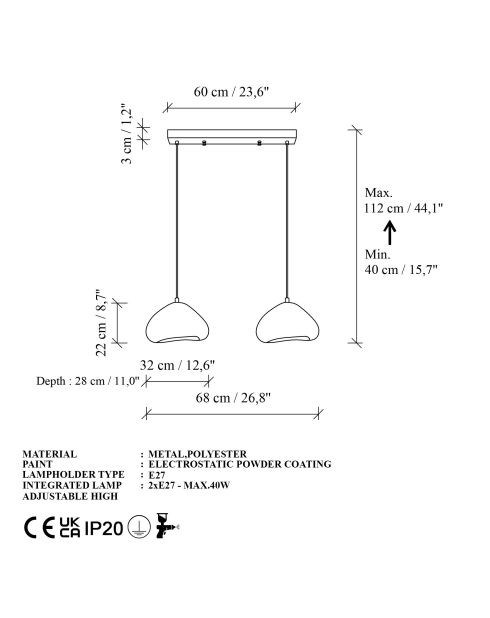 Lámpara Luna Luna Lora 30 2 C, color blanco, 65 x 30 x 30 cm