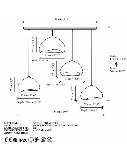 Kronleuchter Lora Set Lora 30 4 C Nua weiß - 140 x 42 x 40 cm