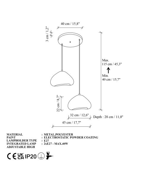 Lámpara blanca Luna Lora 30 2 T, 44 x 40 x 30 cm