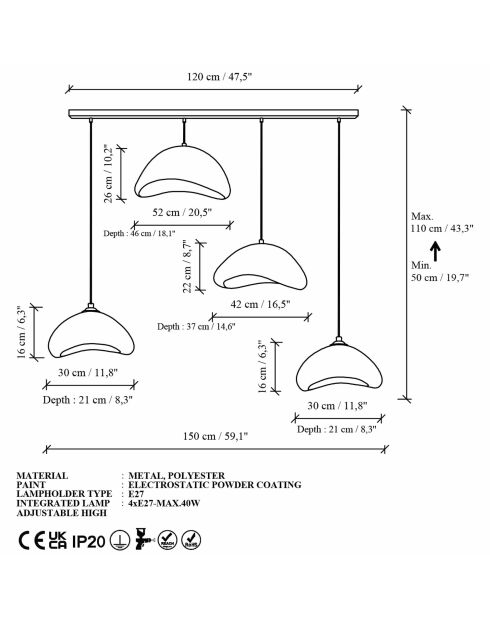 Luna Set Luna 30 4 C Nua - Lampadario bianco, 140 x 42 x 40 cm
