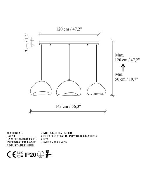 Lora Set C Luna weißer Kronleuchter - 140 x 42 x 40 cm