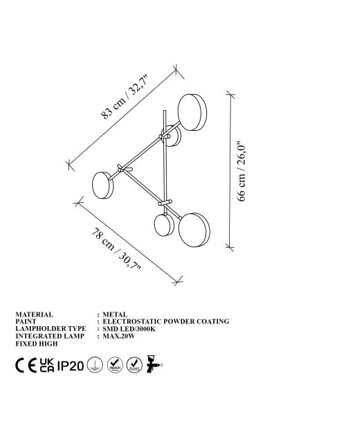 Ledos 15541 schwarze Wandleuchte - 85 x 85 x 15 cm