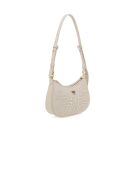 Borsa a tracolla in morbida pelle di vitello a mezzaluna e ricamo in rafia bianca - 19x14x6 cm