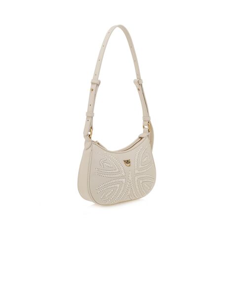 Borsa a tracolla in morbida pelle di vitello a mezzaluna e ricamo in rafia bianca - 19x14x6 cm