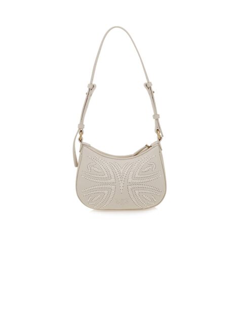 Borsa a tracolla in morbida pelle di vitello a mezzaluna e ricamo in rafia bianca - 19x14x6 cm