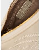 Borsa a tracolla in morbida pelle di vitello a mezzaluna e ricamo in rafia bianca - 19x14x6 cm