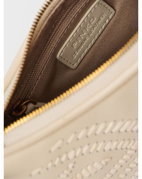 Borsa a tracolla in morbida pelle di vitello a mezzaluna e ricamo in rafia bianca - 19x14x6 cm