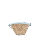 Borsa da spiaggia a secchiello Love Summer in rafia e pelle di vitello setosa nude/azzurra - 17x14x10 cm
