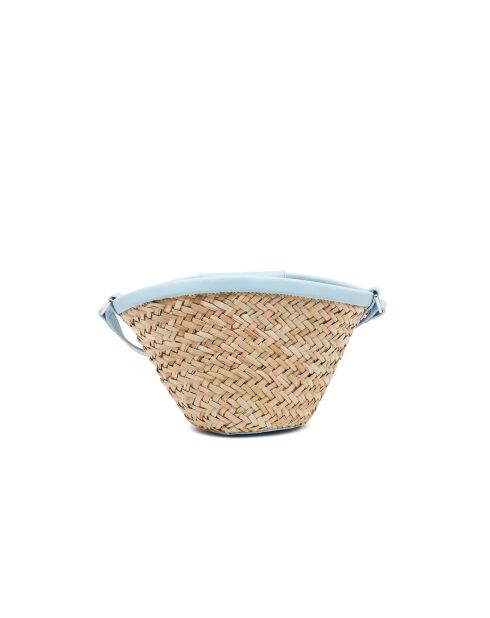 Borsa da spiaggia a secchiello Love Summer in rafia e pelle di vitello setosa nude/azzurra - 17x14x10 cm