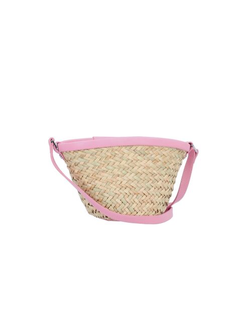 Love Summer Bucket Strandtasche aus Bast und seidigem natürlichem/rosafarbenem Kalbsleder - 17x14x10 cm