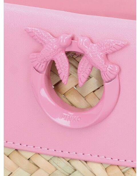 Love Summer Bucket Strandtasche aus Bast und seidigem natürlichem/rosafarbenem Kalbsleder - 17x14x10 cm