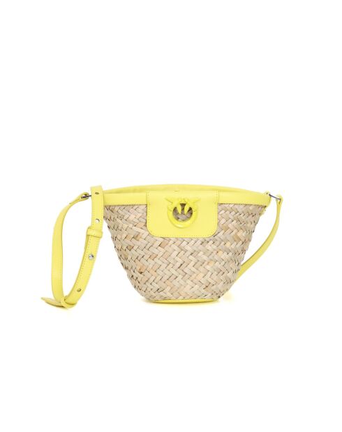 Sac de plage Seau Love Summer en raphia et veau soyeux beige/jaune - 17x14x10 cm
