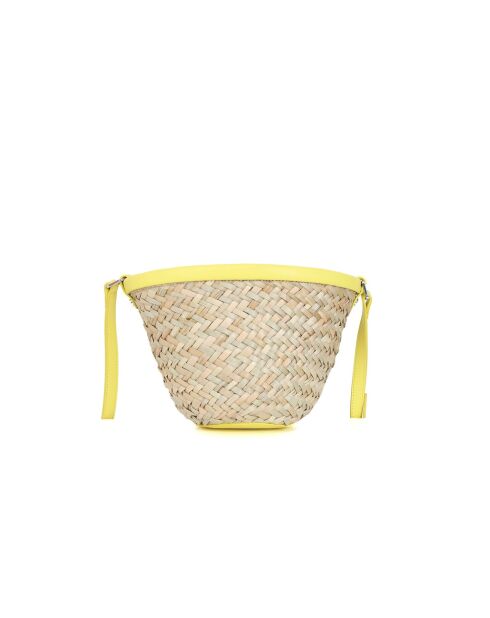 Sac de plage Seau Love Summer en raphia et veau soyeux beige/jaune - 17x14x10 cm