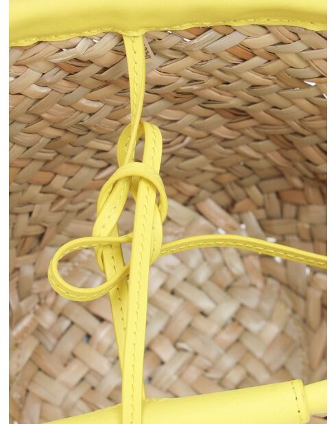 Sac de plage Seau Love Summer en raphia et veau soyeux beige/jaune - 17x14x10 cm
