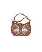 Borsa a tracolla minigonna a mezzaluna in pelle scamosciata e rafia marrone ricamata - 25,5x17x6 cm