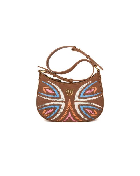 Borsa a tracolla minigonna a mezzaluna in pelle scamosciata e rafia marrone ricamata - 25,5x17x6 cm