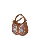 Borsa a tracolla minigonna a mezzaluna in pelle scamosciata e rafia marrone ricamata - 25,5x17x6 cm