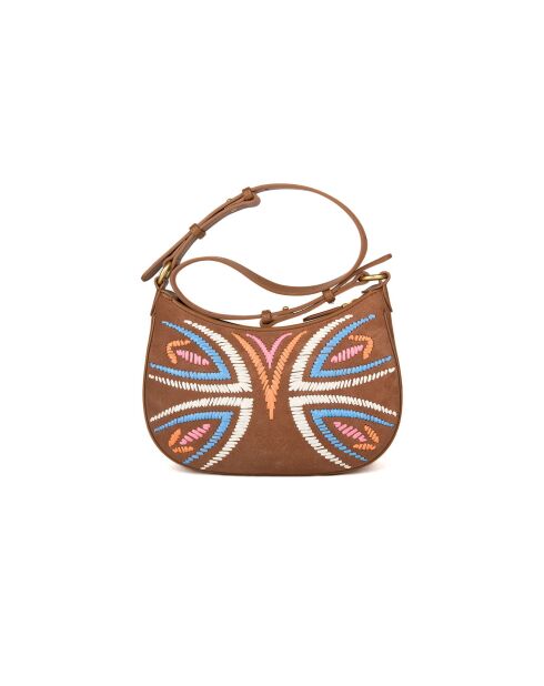 Borsa a tracolla minigonna a mezzaluna in pelle scamosciata e rafia marrone ricamata - 25,5x17x6 cm