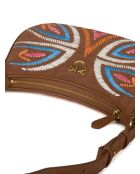 Borsa a tracolla minigonna a mezzaluna in pelle scamosciata e rafia marrone ricamata - 25,5x17x6 cm