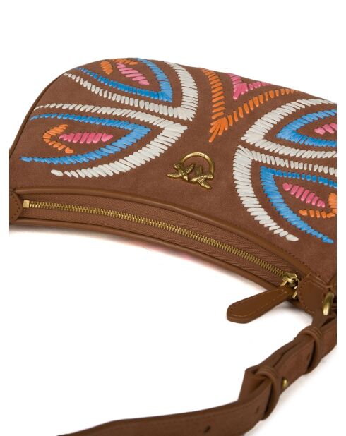 Borsa a tracolla minigonna a mezzaluna in pelle scamosciata e rafia marrone ricamata - 25,5x17x6 cm