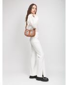 Borsa a tracolla minigonna a mezzaluna in pelle scamosciata e rafia marrone ricamata - 25,5x17x6 cm