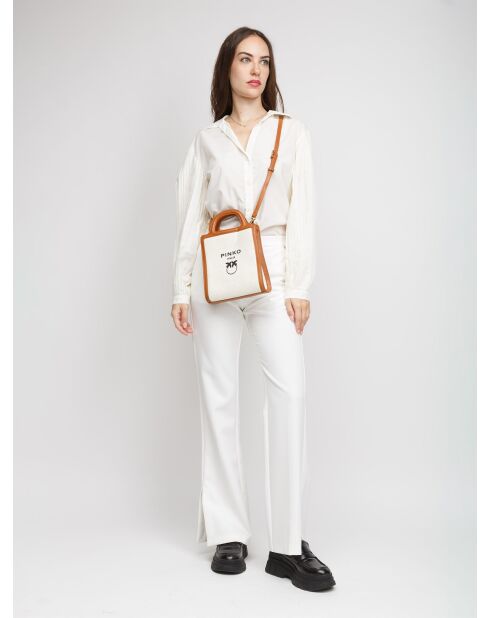 Mini-Tragetasche mit gerahmtem Logo, Jacquardmuster Vögel und Seide Vit. weiß/braun - 30x21x8 cm