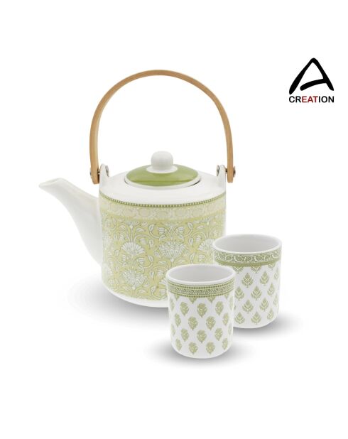 Lot de 2 tasses et 1 théière avec infuseur Soliman en porcelaine vertes - 6,5x7 cm