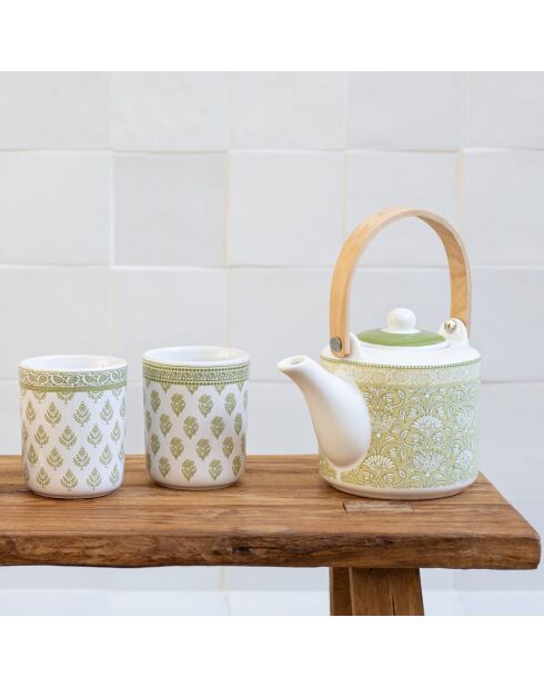 Lot de 2 tasses et 1 théière avec infuseur Soliman en porcelaine vertes - 6,5x7 cm