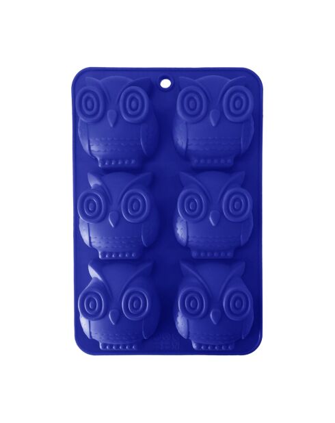Moules 6 mini hiboux Happy cake en silicone bleu - 26x17x3,3 cm