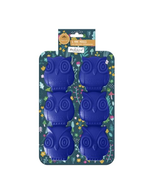 Moules 6 mini hiboux Happy cake en silicone bleu - 26x17x3,3 cm