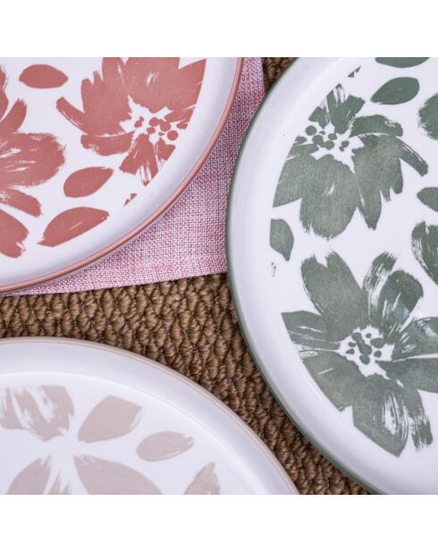 Set mit 6 großen Hanae Porzellantellern rosa/beige/grün - D.26,5 cm